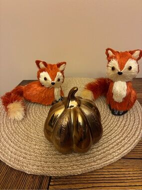 Hobby Lobby Gold Ceramic Pumpkin with 2 Orange Sisal Bristle Fox 🦊 Figurines